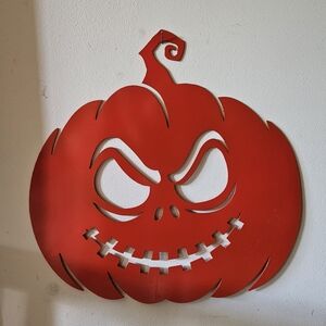 Spooky Dark Orange Metal Pumpkin Wall Art